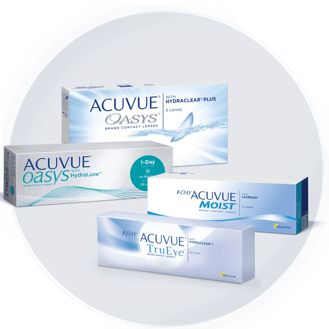 Упаковка продуктов семейства ACUVUE: ACUVUE Oasys 2-week, ACUVUE Oasys 1-Day, ACUVUE Moist 1-DAY, обрамленная кругом.