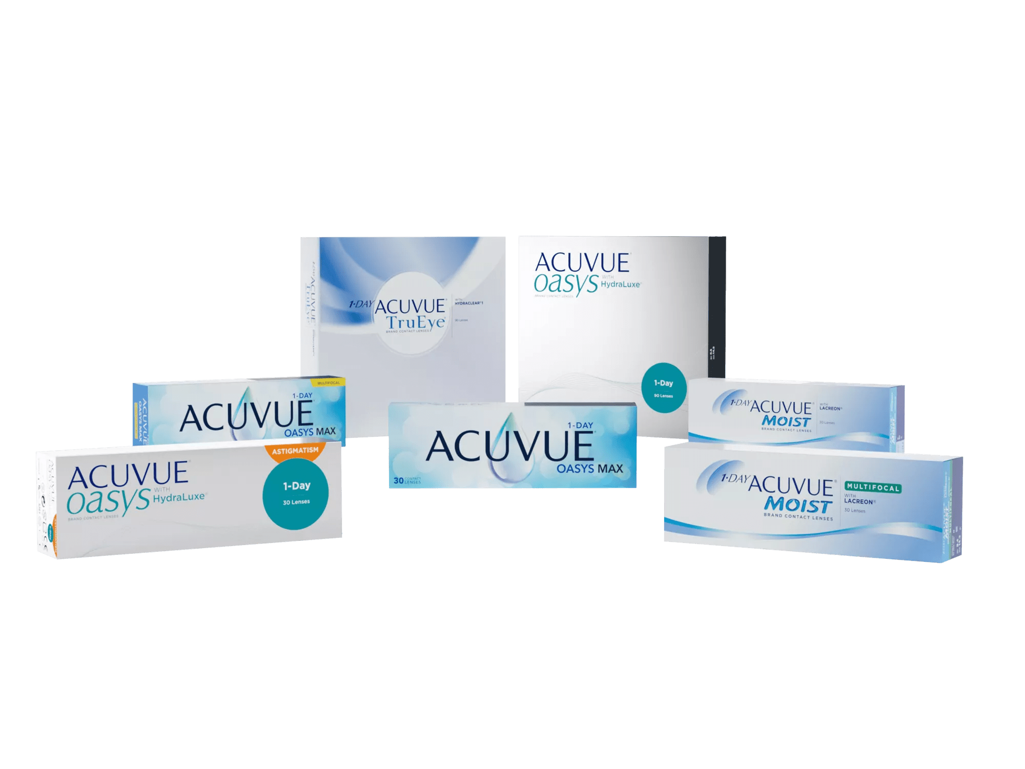 A front view of the packaging boxes of ACUVUE Daily Disposable Family