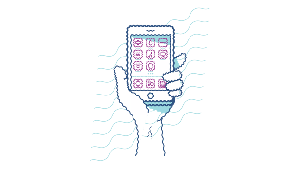 Icon of a hand holding a digital device with wavy grey lines across it illustrating blurry vision