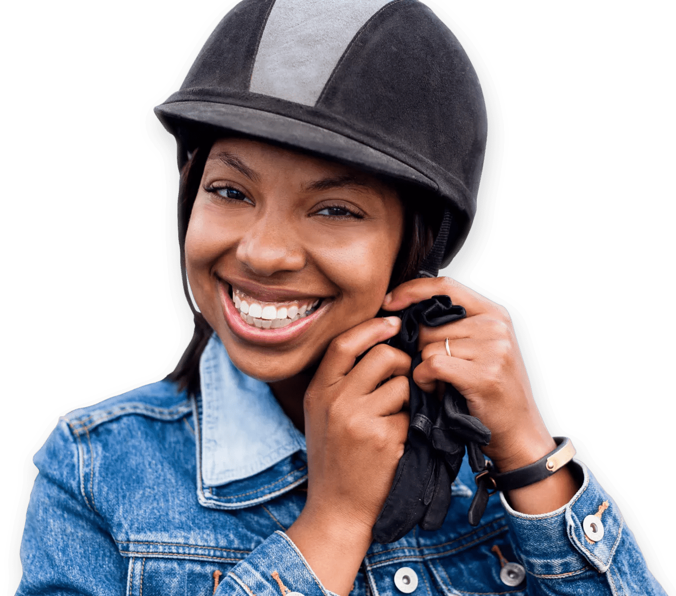 Woman buckling helmet