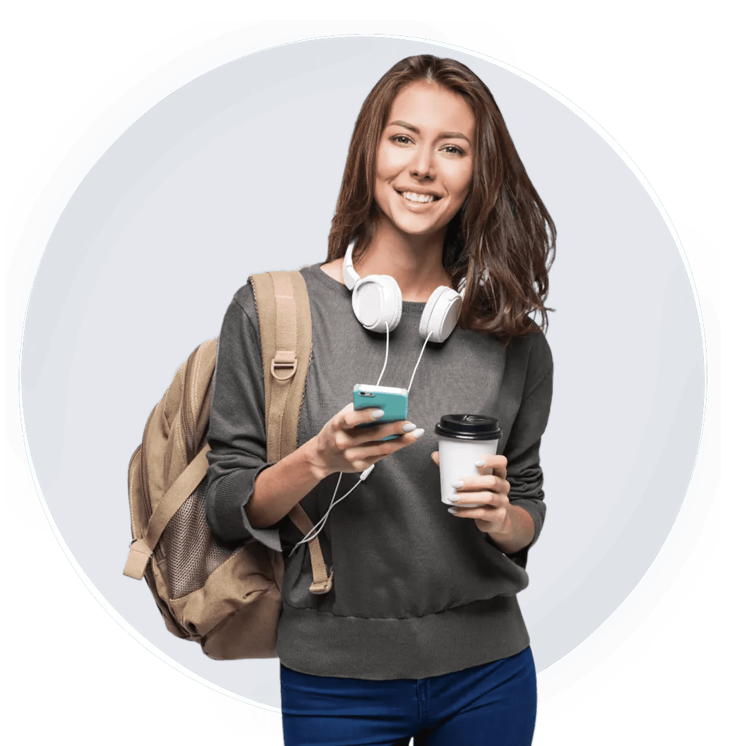 Woman with backpack holding coffee and mobile. 