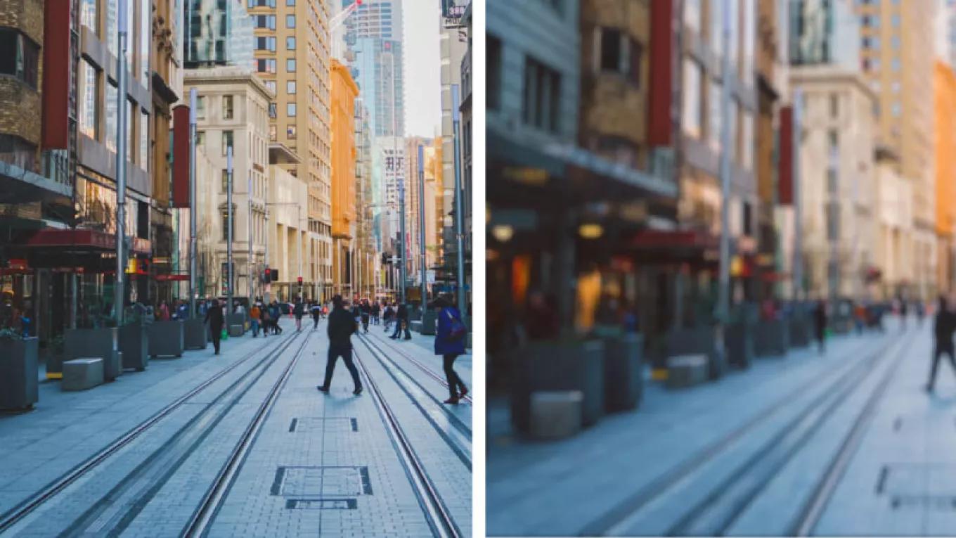 A side by side of the same image, one that is clear, the other blurry representing vision with astigmatism.