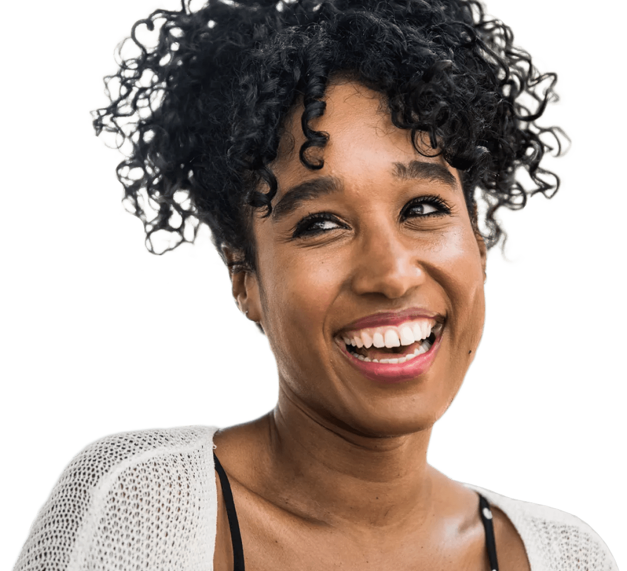 Black woman with curly hair smiling