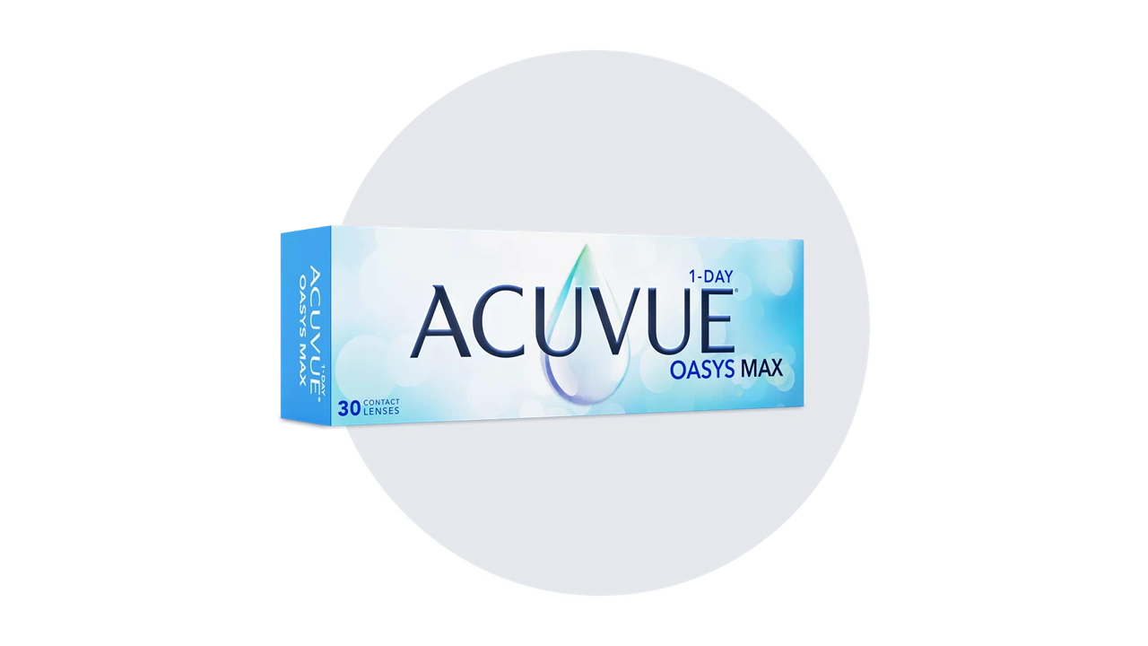 Pack shot of ACUVUE® OASYS MAX 1-Day contact lenses on blue background