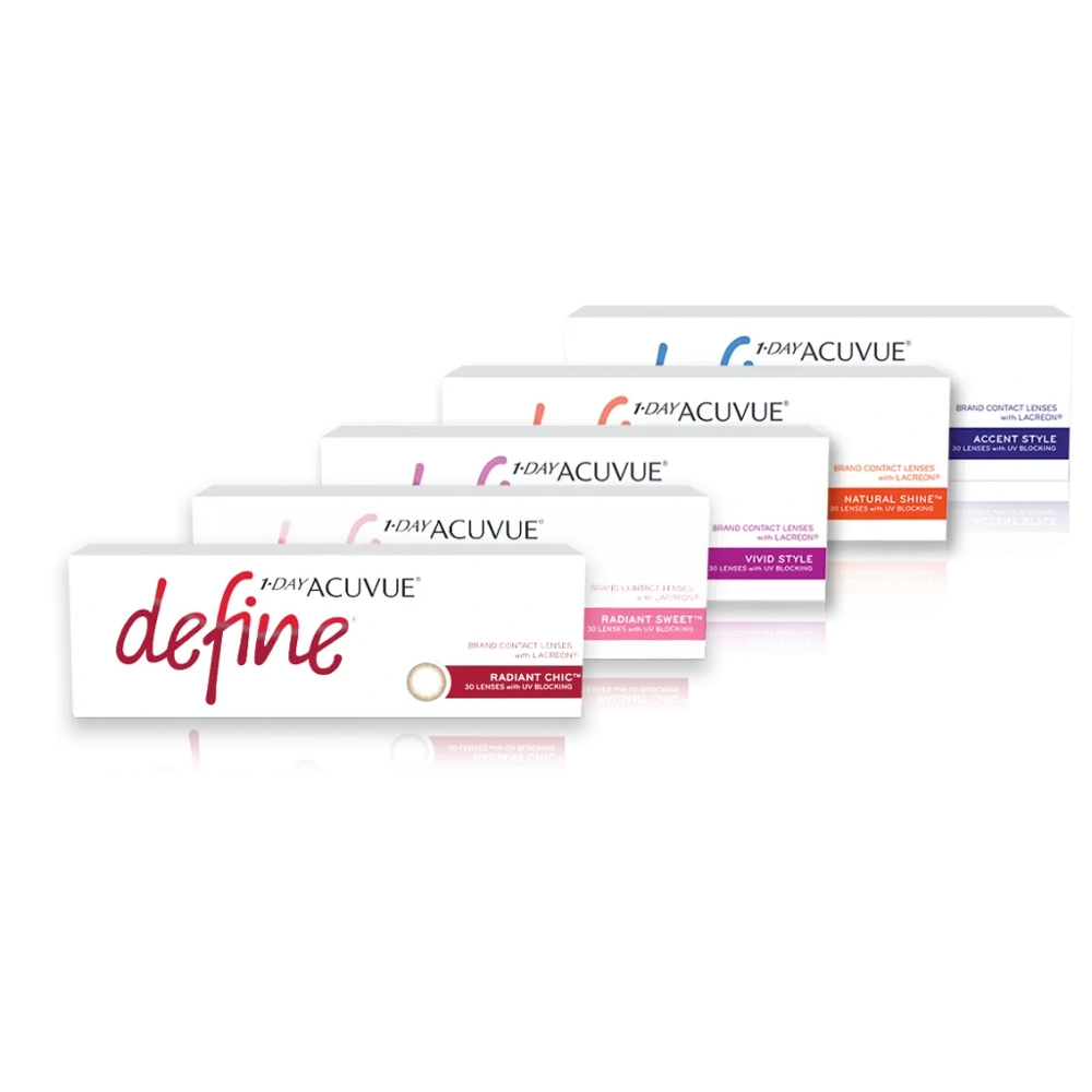 Boxes of three different styles of 1‐DAY ACUVUE® DEFINE®