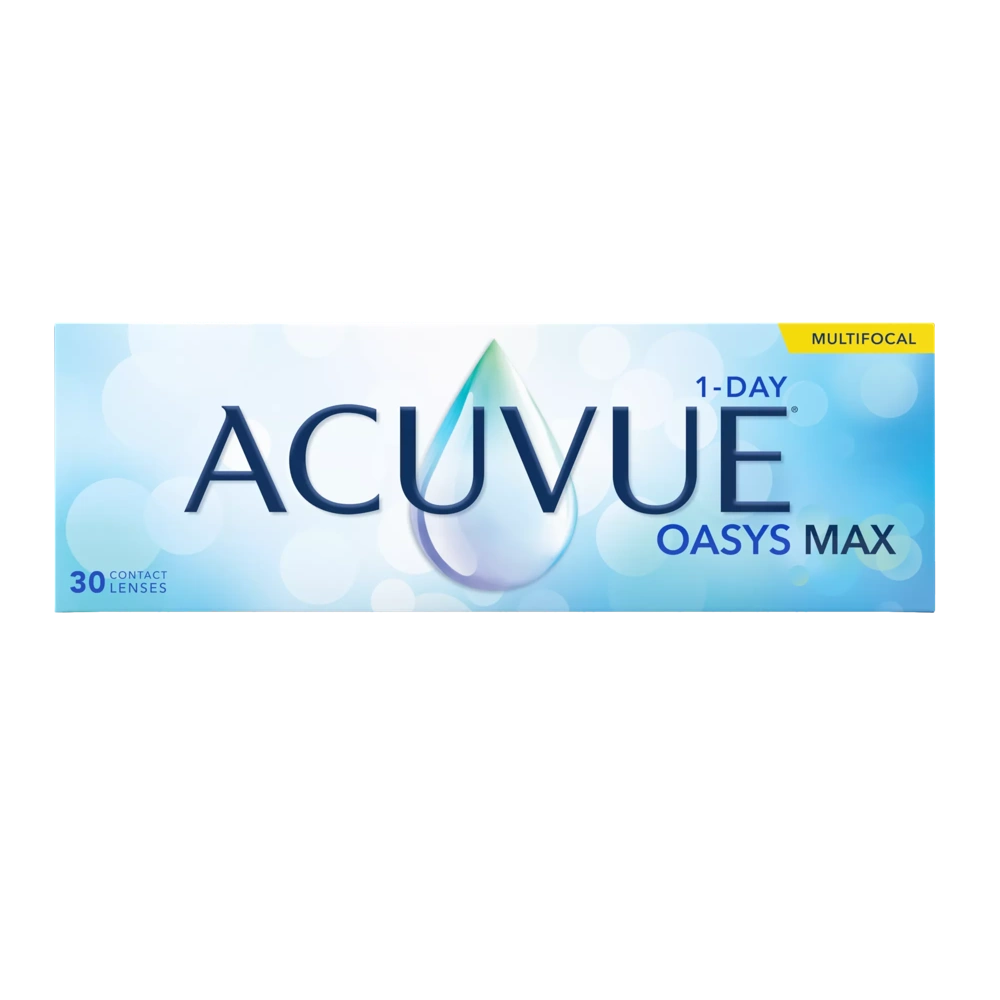 Boîte de lentilles cornéennes Acuvue Oasys Max 1-jour Multifocal. Une boîte de lentilles cornéennes Acuvue Oasys Max 1-jour Multifocal, une marque populaire reconnue pour son confort et sa clarté visuelle exceptionnels