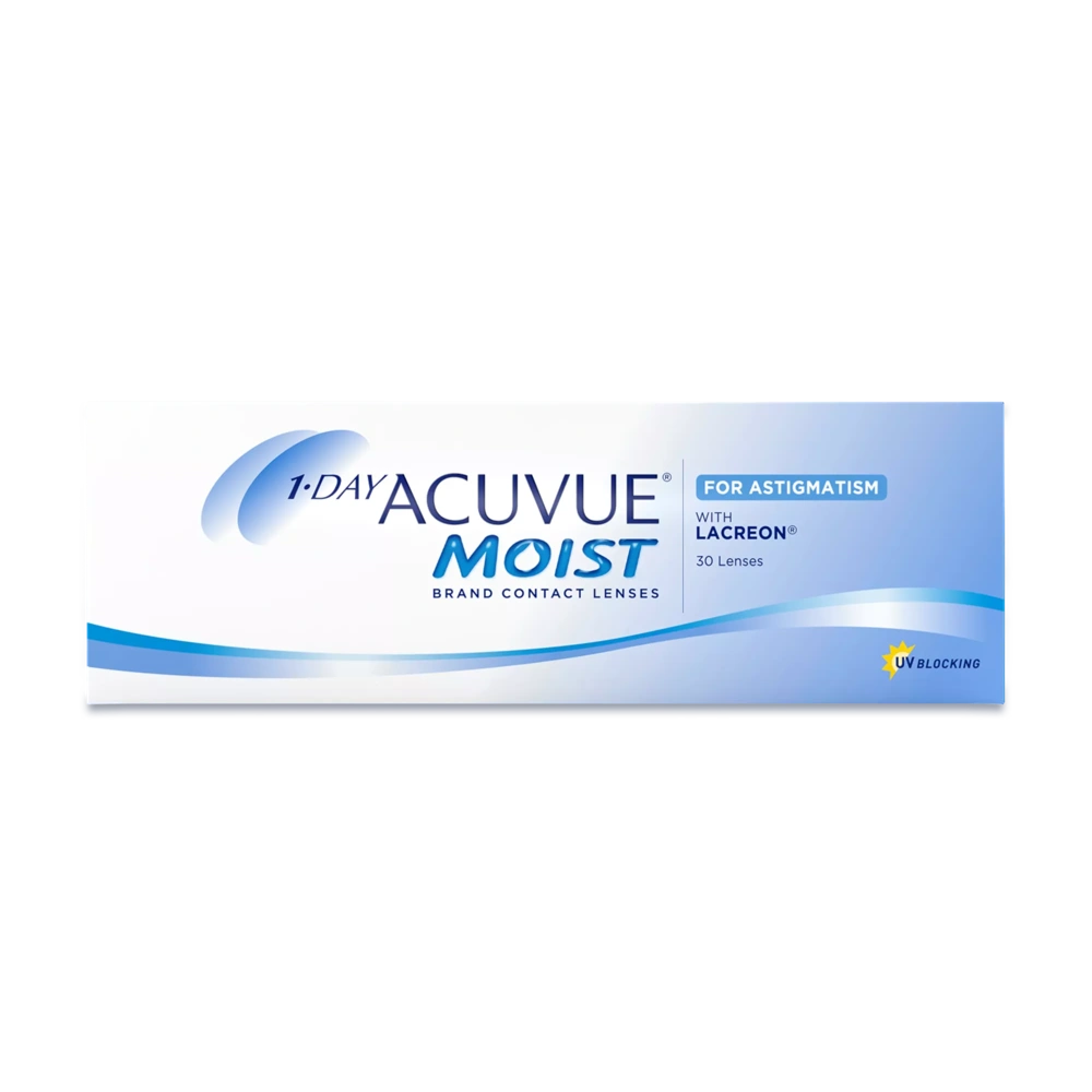 A box of 1-DAY ACUVUE MOIST for ASTIGMATISM contact lenses.