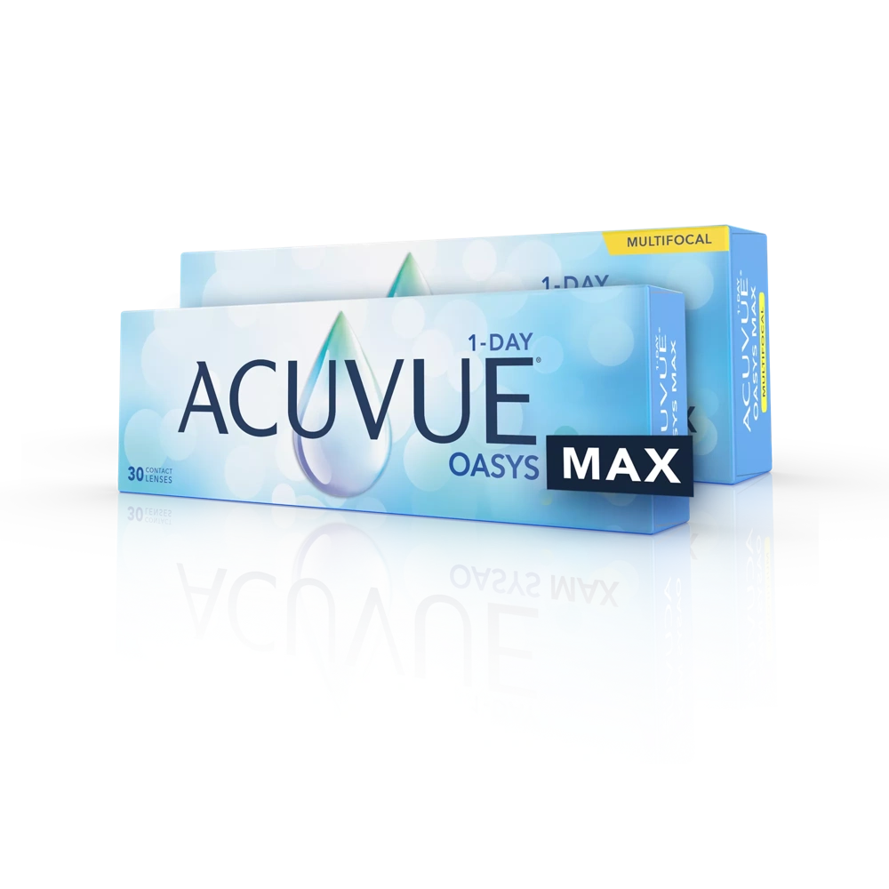 ACUVUE OASYS MAX 1-Day and ACUVUE OASYS MAX 1-Day Multifocal contact lenses.