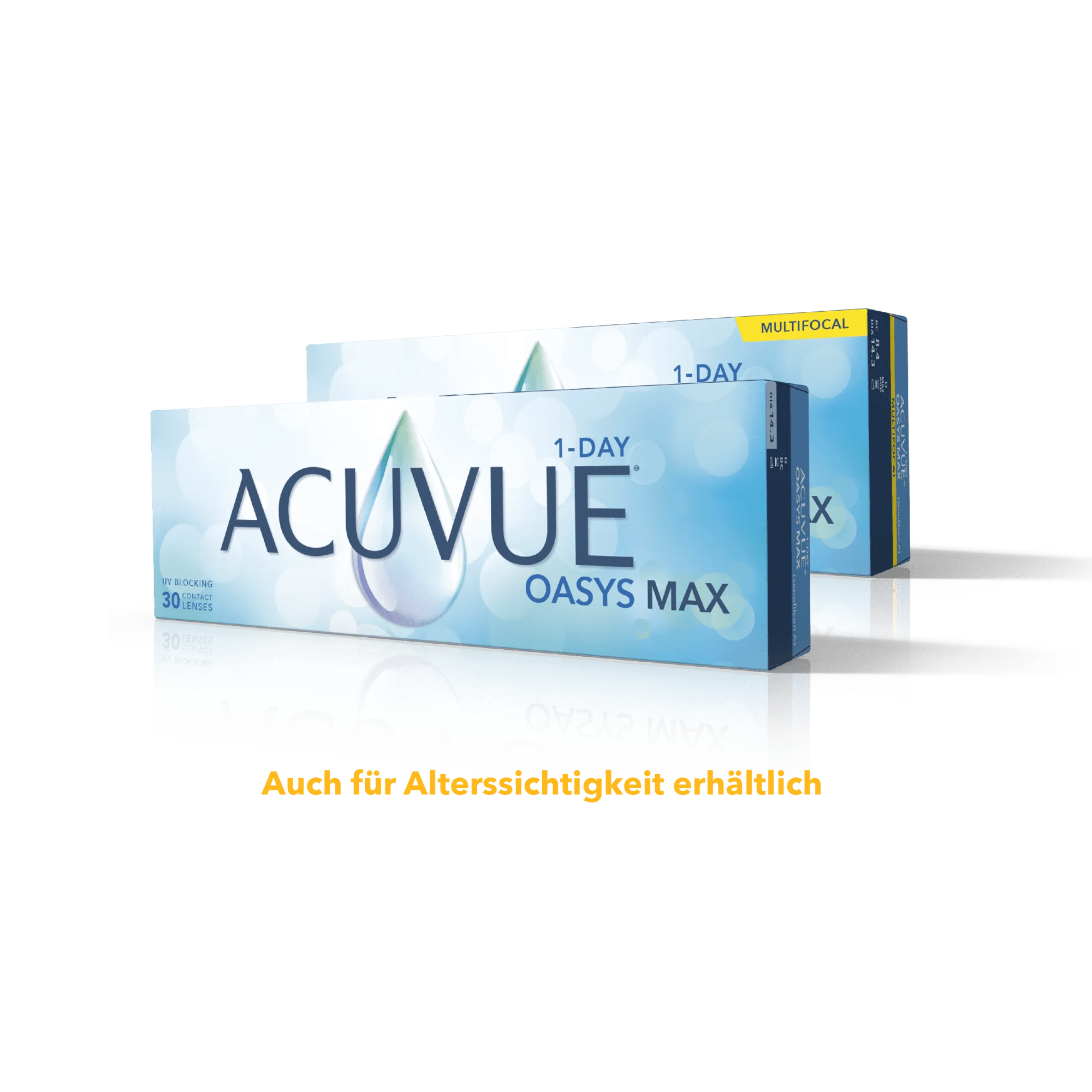 ACUVUE® OASYS MAX 1-Day und Multifokal-Packshot auf marineblauem Hintergrund