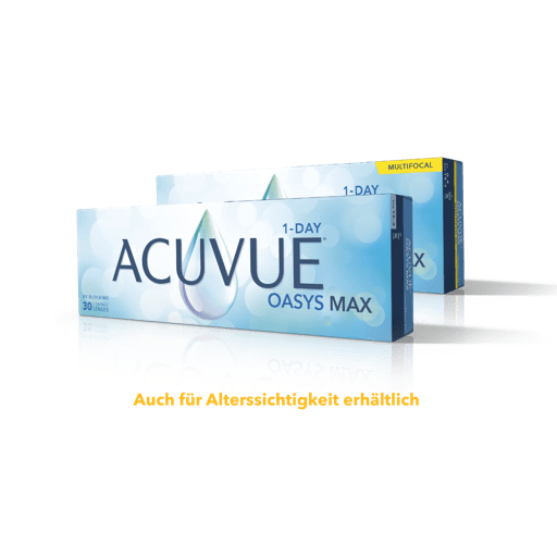 ACUVUE® OASYS MAX 1-Day und Multifokal-Packshot auf marineblauem Hintergrund