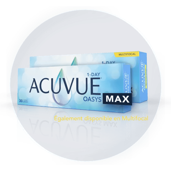 Boîtes de lentilles cornéennes Acuvue Oasys Max.  Une boîte de lentilles cornéennes multifocales Acuvue Oasys Max 1-jour et Acuvue Oasys Max Multifocal, une marque populaire reconnue pour son confort et sa clarté visuelle exceptionnels.