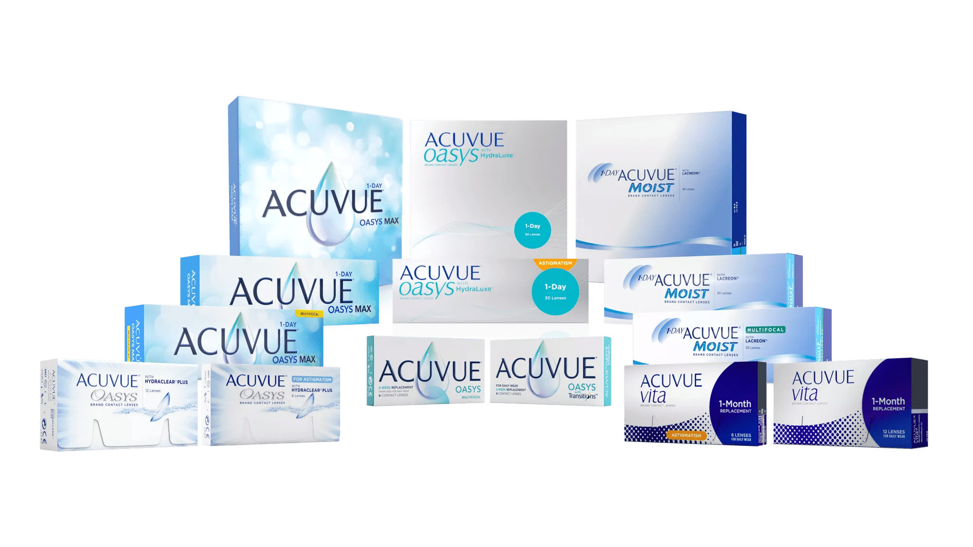 Regroupement de boîtes familiales ACUVUE pour produits quotidiens jetables et réutilisables