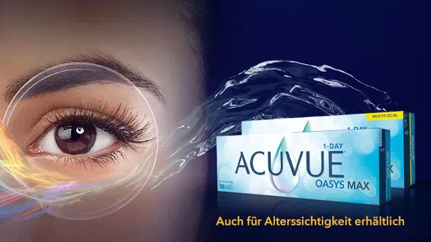 Women with contact lens and ACUVUE OASYS Max product package